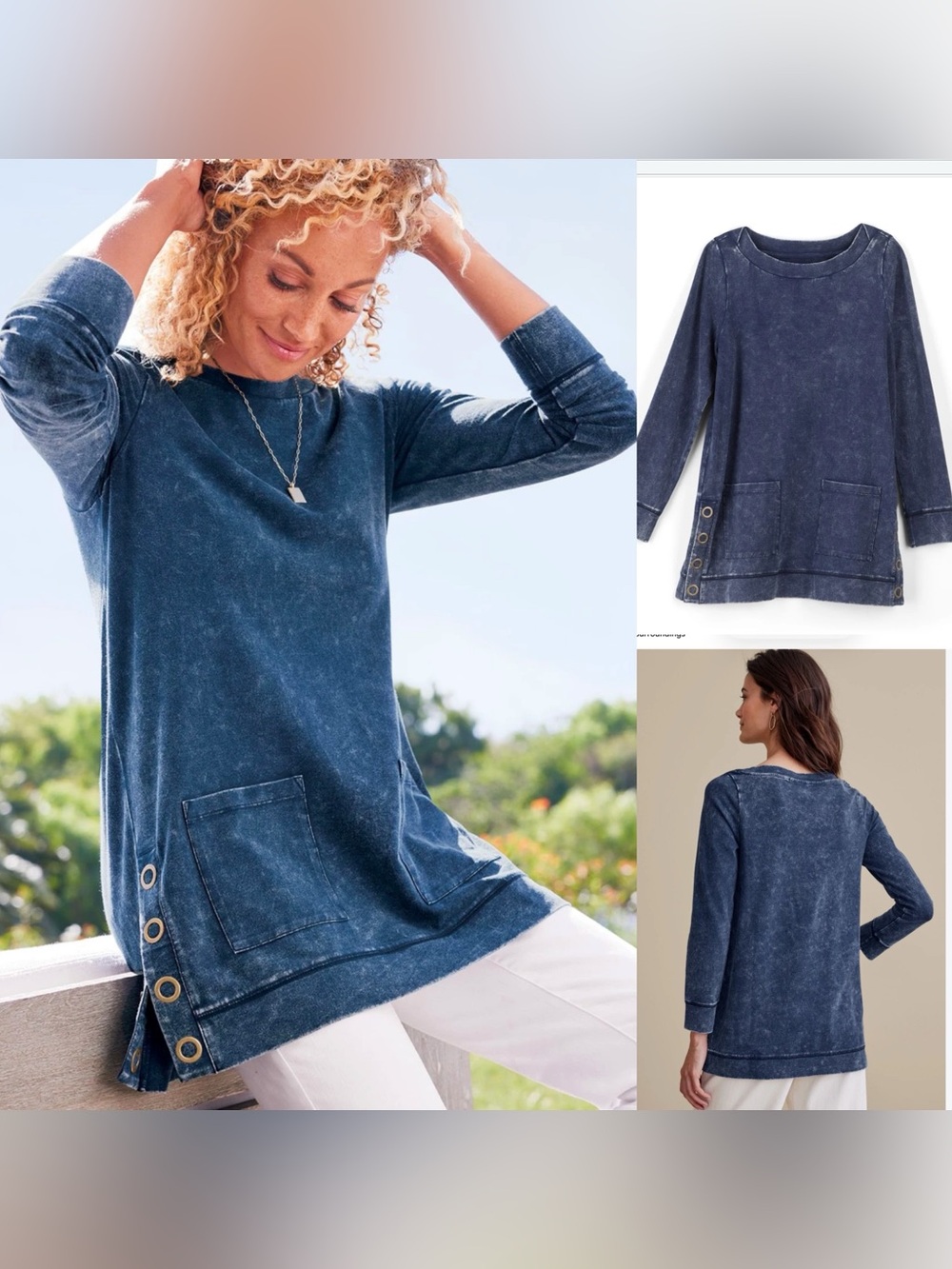 Soft Surroundings Blue Washed Make It Snappy Pullover Lagenlook Tunic Top sz L